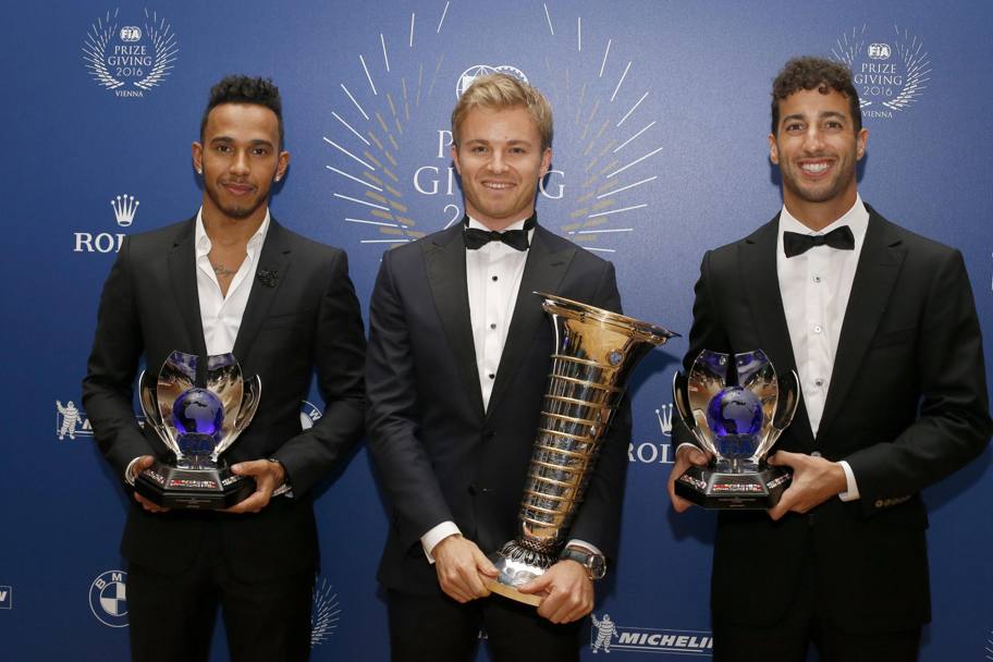 Da sinistra Hamilton, Rosberg e Ricciardo. Epa